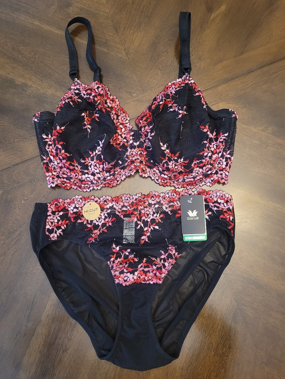 Wacoal Black Bra & Hi-Cut Brief Set with Pink and Red Floral Lace